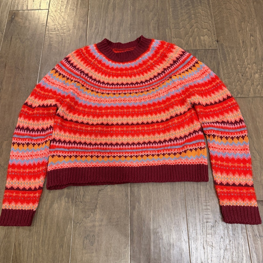 American Eagle Fair Isle Sweater Women‎ Red Orange Pink Blue Cozy Pullover S
